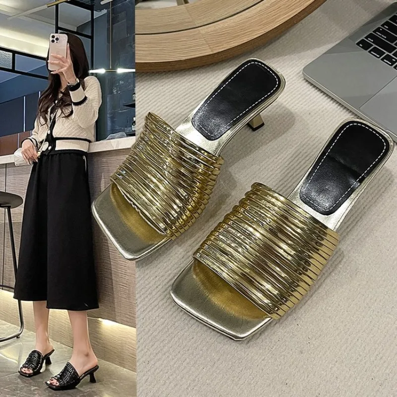 Square Toe Stiletto Sandals for Women Summer Shiny Solid Color High Heels Casual Half Slippers Shoes for Women Designer Sandals image 6