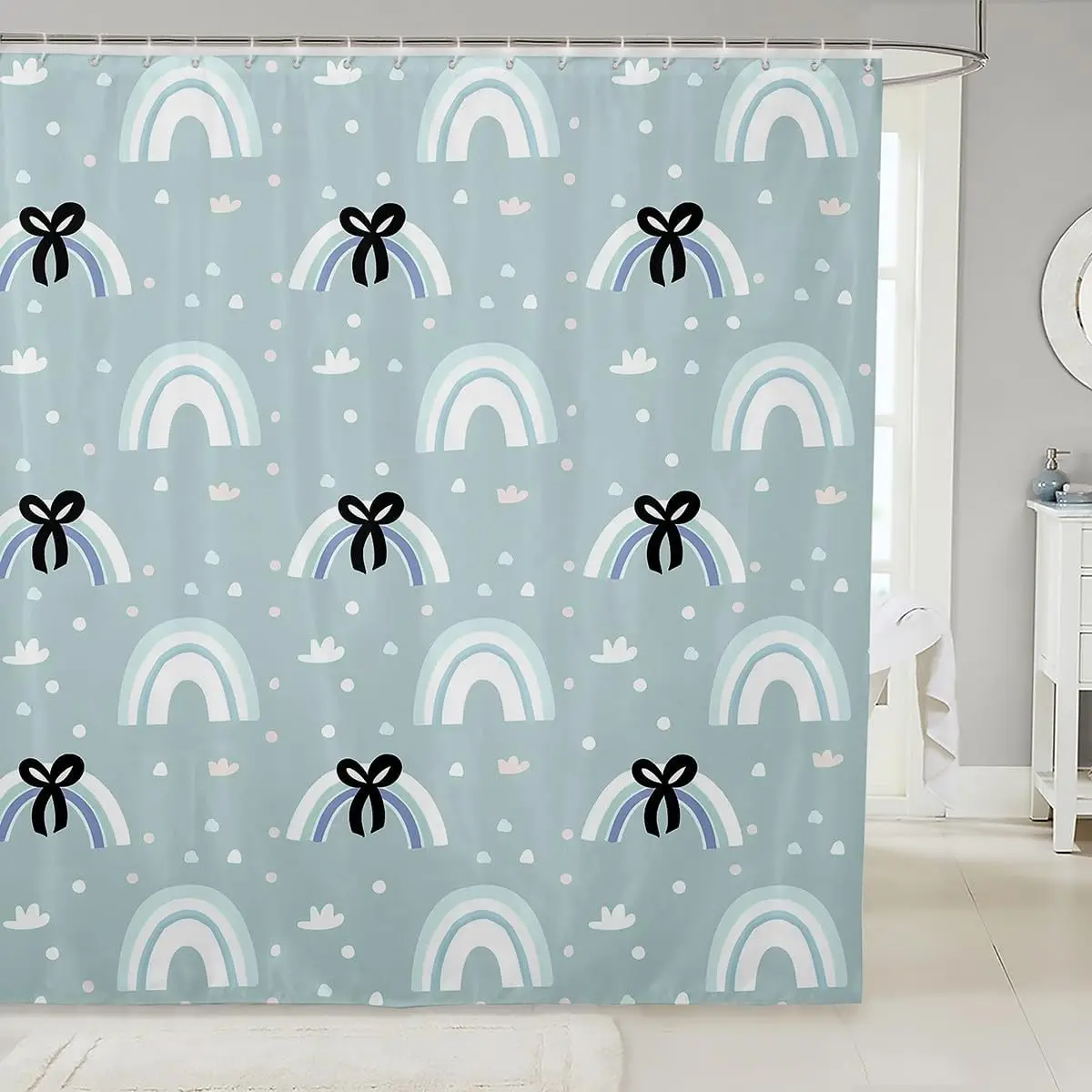 

Зеленые радужные занавески для ванной, черная лента с бантом, занавеска для ванной комнаты для детей, мальчиков и девочек, занавеска для душа с рисунком радуги
