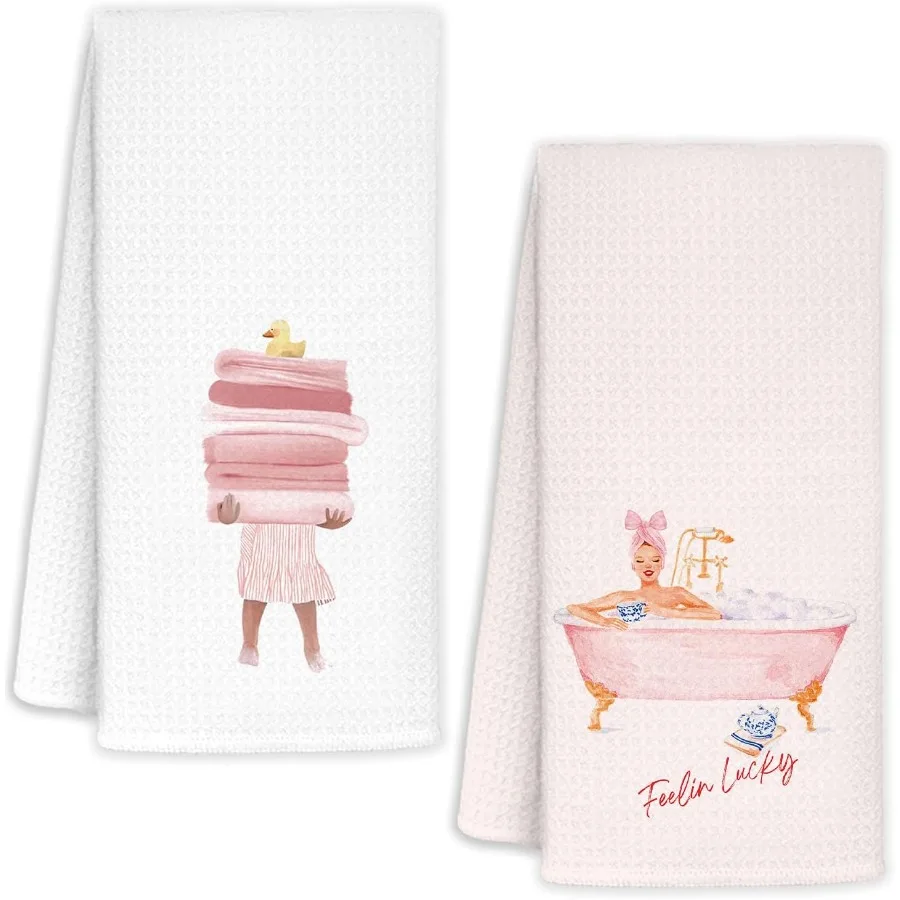 مناشف اليد الوردية اللطيفة للحمام مجموعة من 2 Preppy الوردي الفاتح لطيف منشفة أطباق اليد 16x24 Ih للمطبخ اكسسوارات الحمام Gi