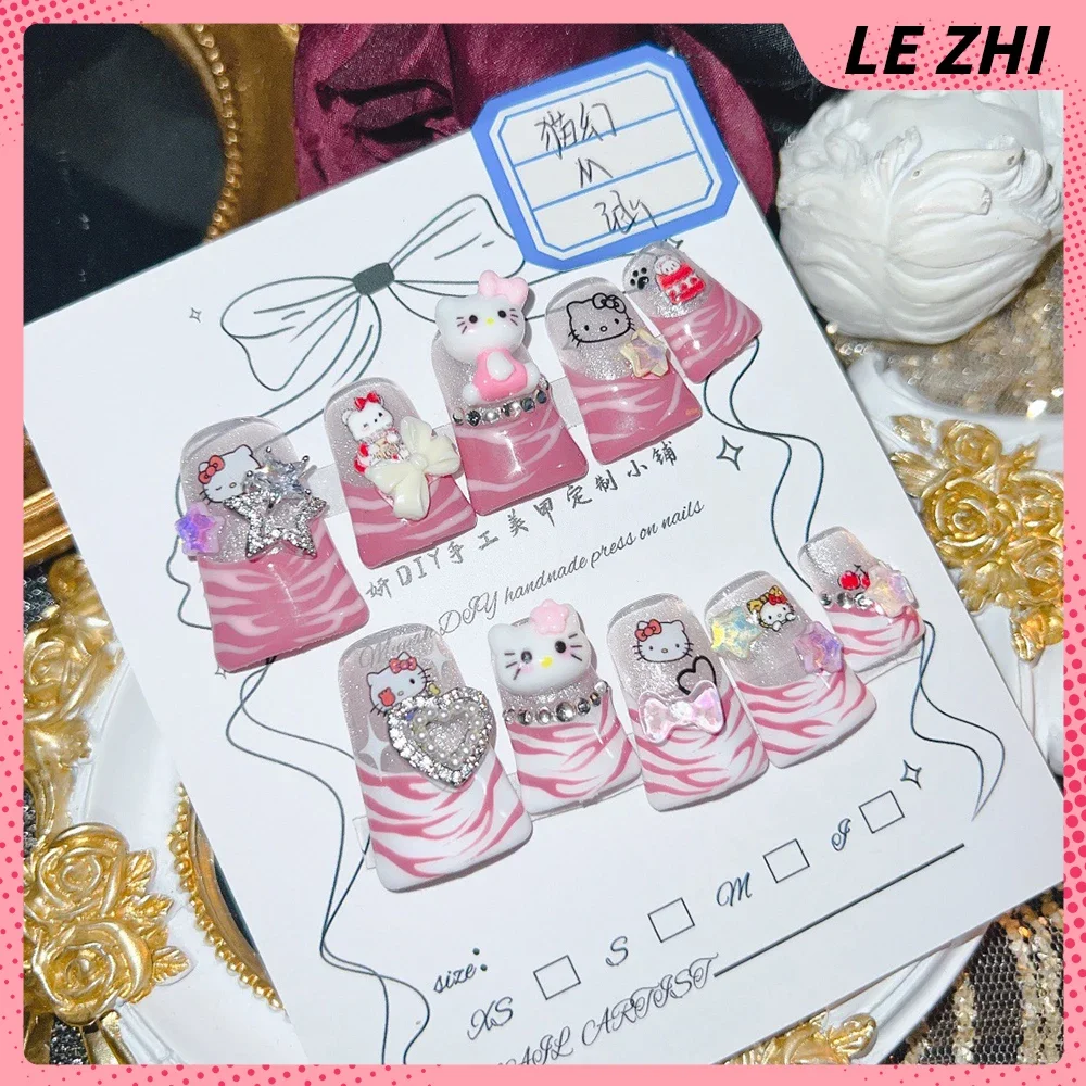 Cool Y2K Spicy Girl Duckbill Hello Kitty Kuromi Press On Nails Art XL Square Stiletto Coffin Punk Metal Diy Handmade False Nails