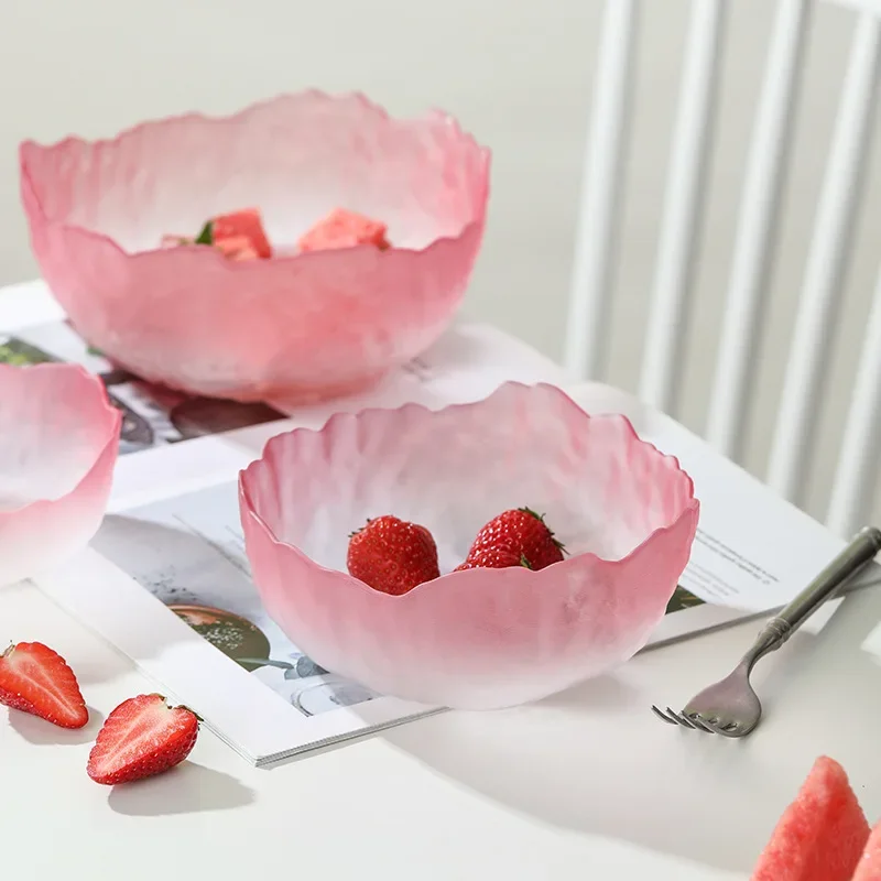 Lotus Mist Powder Salad Bowl, Net Red Vegetable and Fruit Glass Bowl Set, Household Tableware, Dessert Bowl, Fruit Plate