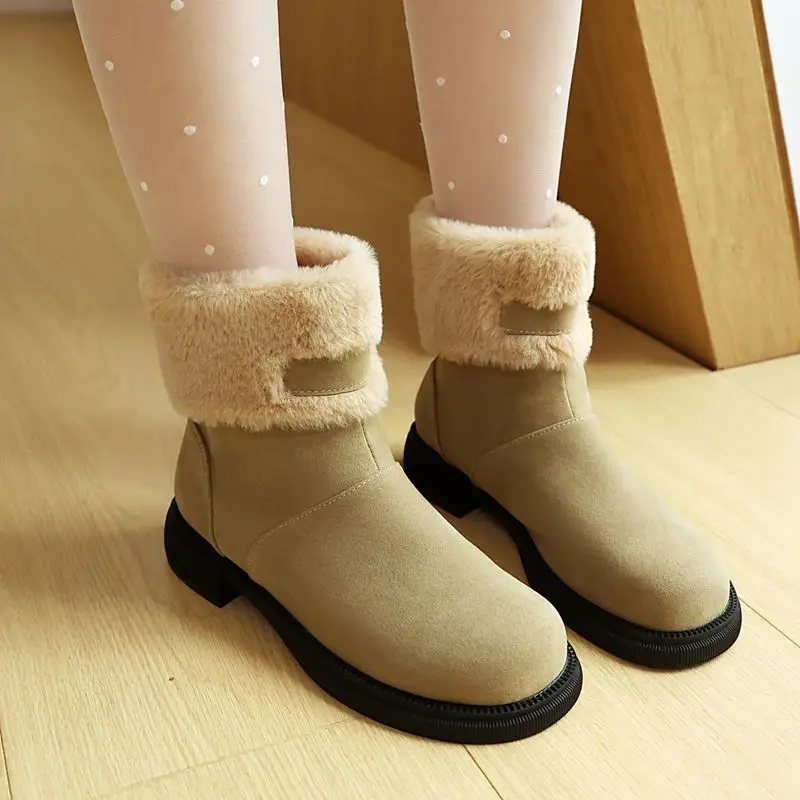 

Girseaby Fashion shoes Women's Winter Snow Ankle Boots Round Toe 3cm Thick Heel Slip-On, Warm Plush Flock Suede Plus Size 41-43