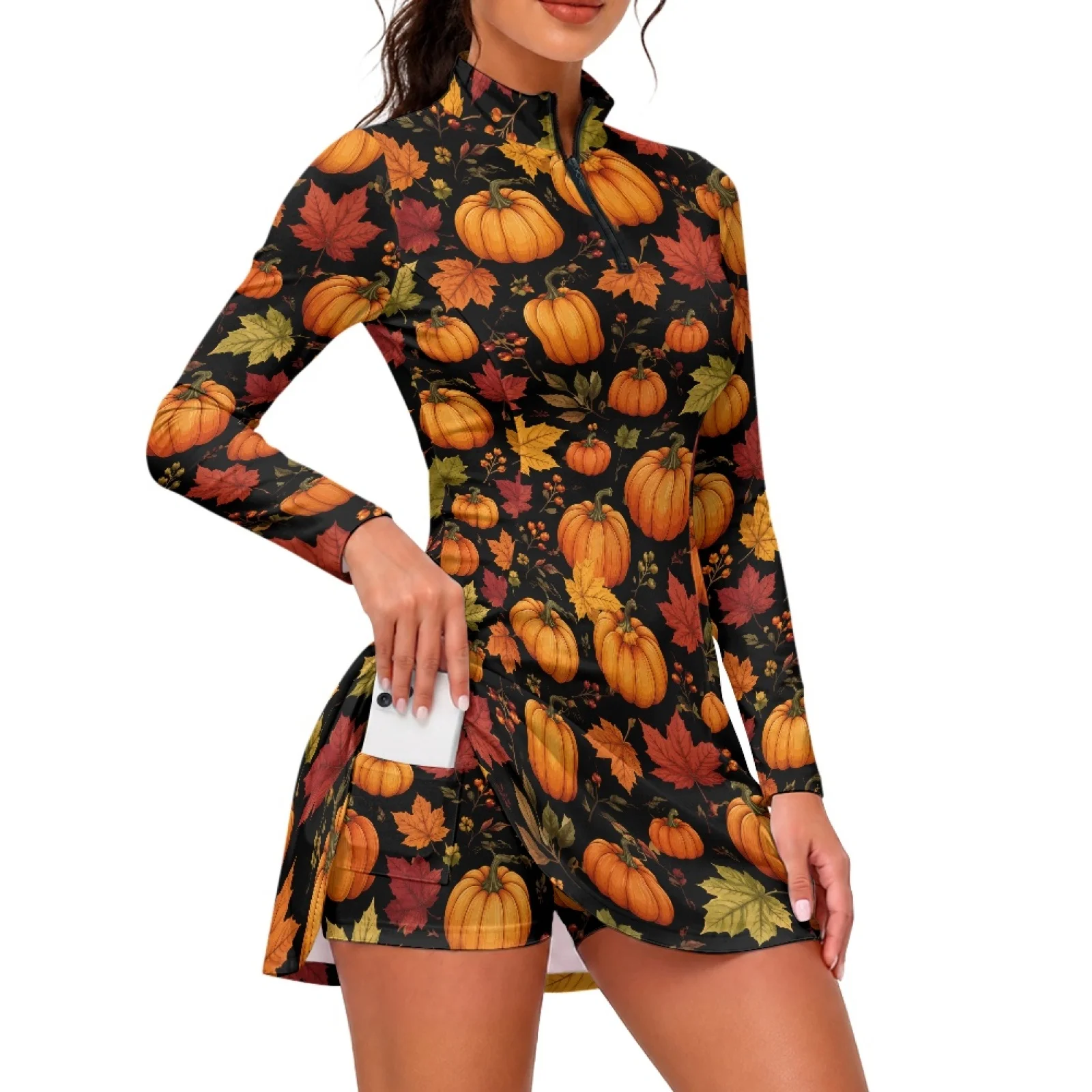 PENSTROLL Pumpkin Maple Leaf Print 2 Piece Sets Skort Dress Breathable Quarter Zip Neck Golf Activewear for Workout