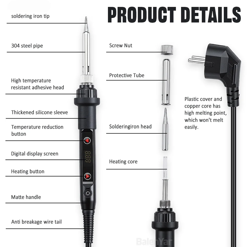 BalenYar 80W soldering iron kit, temperature control 180-520 ° C, 5 soldering iron tips,Bracket，in compliance with EU standards