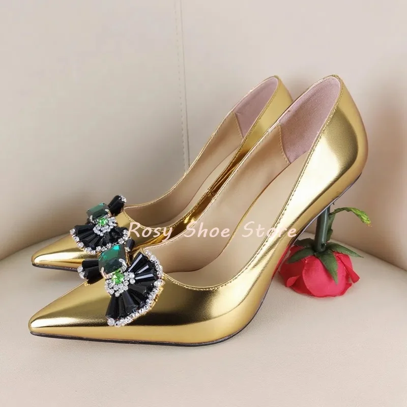 

Black Beads Gem Diamond Inlay Folding Fan-Shaped Decor Fashion Pumps Novel Rose Flower Heel Unique Design Pointed Toe High Heel
