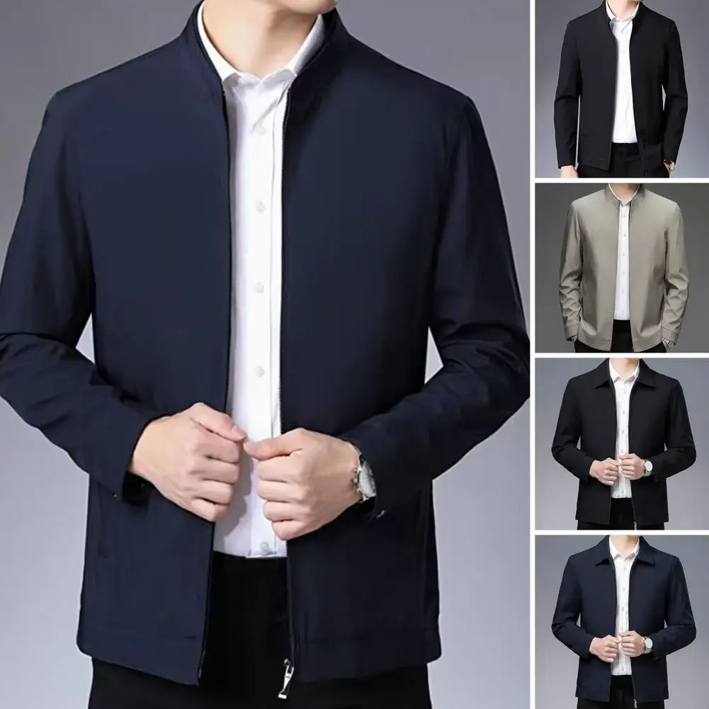 

Men Lightweight Jacket Stylish Men's Lapel Jacket with Zipper Placket Side Pockets Solid Color Middle-aged Coat for Outwear Men