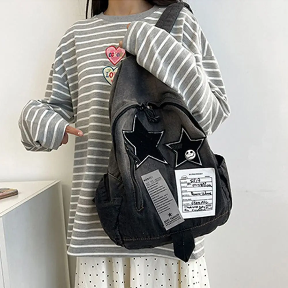 New Original Denim Star Backpack Versatile Travel Bag For High School Students Double Shoulder Bag Vintage Feeling