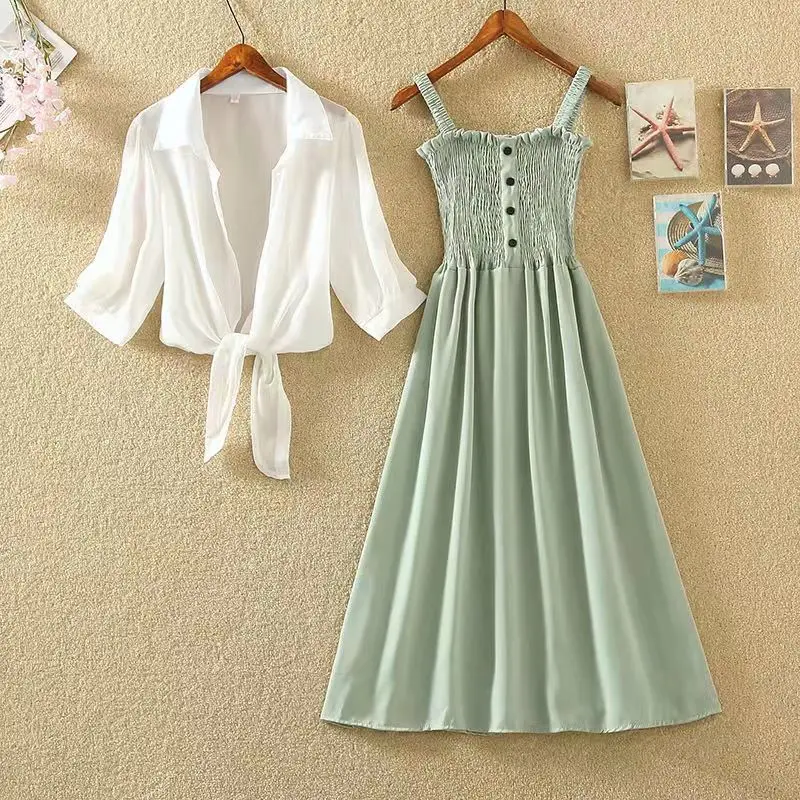French Vintage Two Piece Set Summer Women Short Jacket Coat + Midi Dress Suits Casual Ladies 2 Piece Set