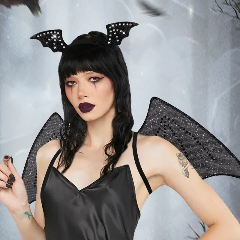 

New Halloween Bat Wing Hair Hoop Set With Diamond Bat Wing Set Dress Up Props COS Party Ball Supplies