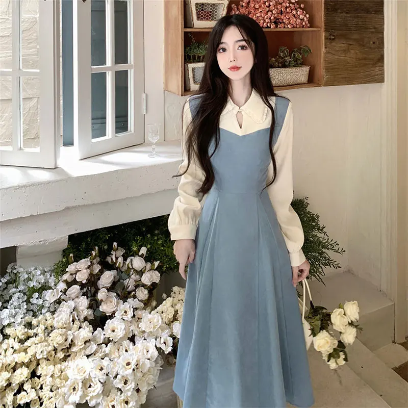 Faux Deux Pièces à Manches sulfet Col Carré pour Femme, Vêtement Décontracté, Jupe Assortie, Patchwork, Couleur Unie, Élégant, à la Mode, Harajuku