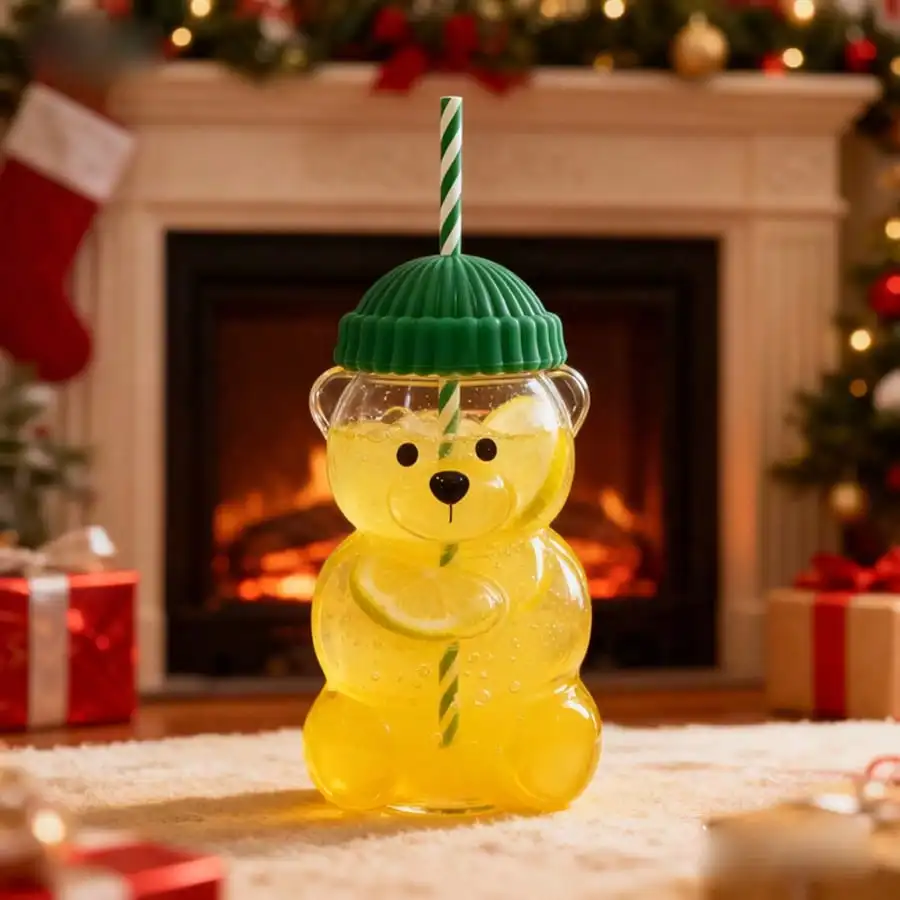 1pc Green hat teddy bear cold drink cup,fashionable hot selling cold drink cup,easy to carry,essential for home travel view 6