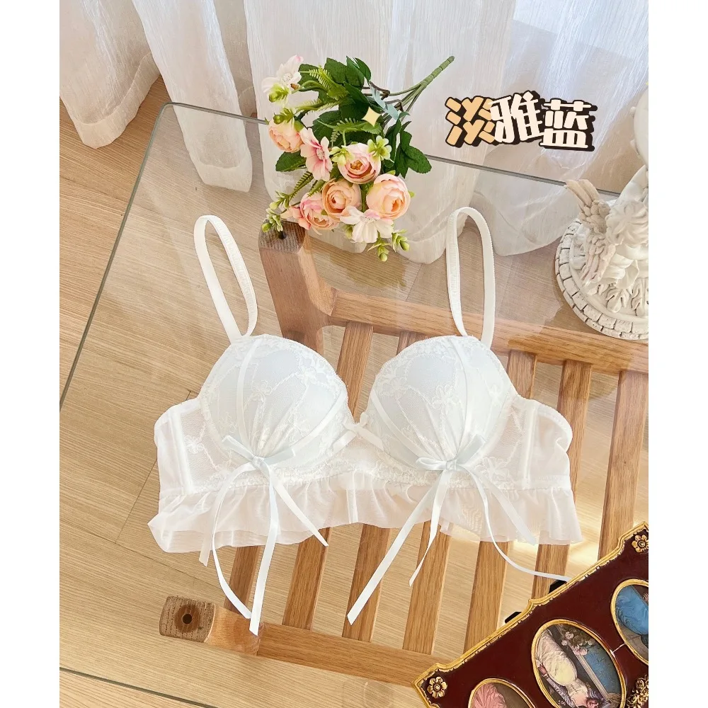Japanese sweet underwear women show big and small breasts gather lace lace no steel ring anti-sagging not empty cup cute bra