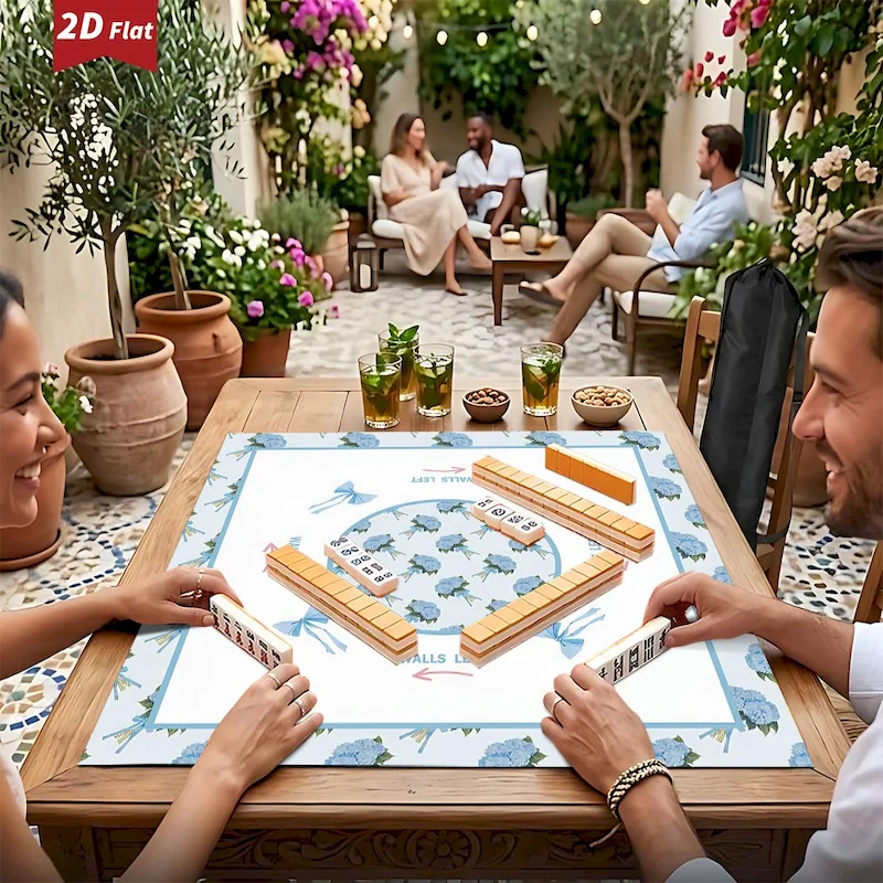 VIKAMA Mahjong Table Mat Blue Embroidered Ball Bow Anti Slip Noise Reduction Absorbent Mat Leisure Party Home Decoration