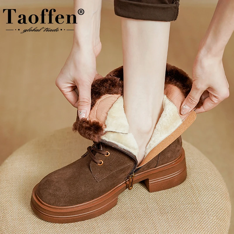 

Taoffen Women Ankle Boots New Real Leather Thick Fur Winter Shoes For Woman Warm Fashion Short Boots Ladies Footwear Size 34-40