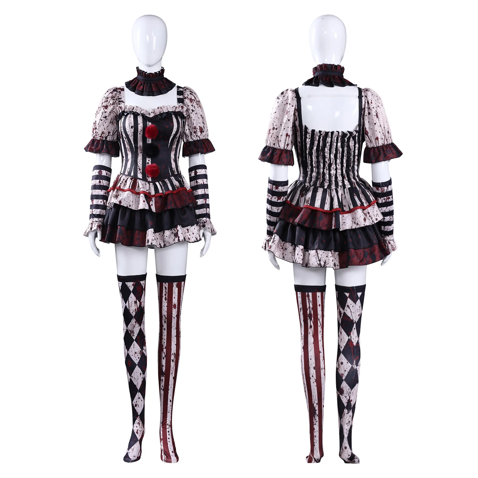 

Bloody Horror Clown Costume Women Gothic Harlequin Cosplay Dress with Gloves and Stockings Halloween Carnival Outfit AniMuse