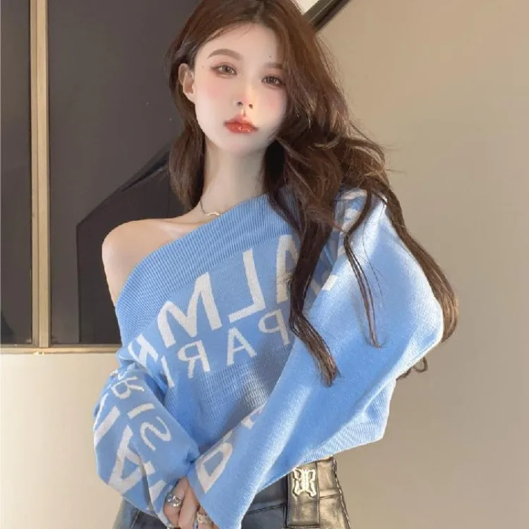 Sweet Lazy Letter Print Sweaters Mujer Autumn Slash Neck Knitted Tops Women Y2k E-Girl Long Sleeve Bottoming Pullovers