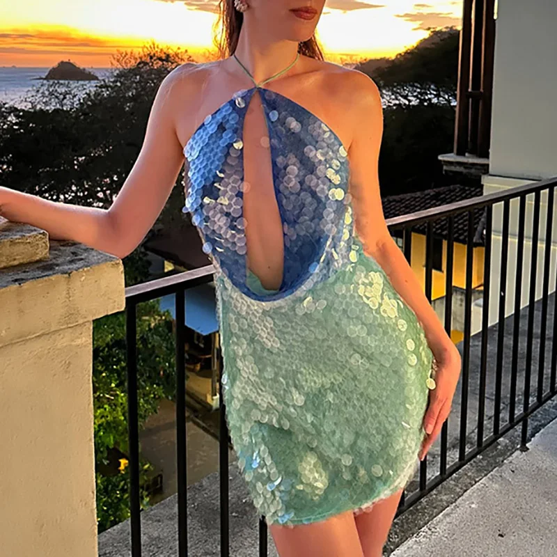 

Fashion Sequin Color Blocking Slim Club Party Dress Casual Backless Women Dress New Summer Halter Hollow High Waist A-line Dress