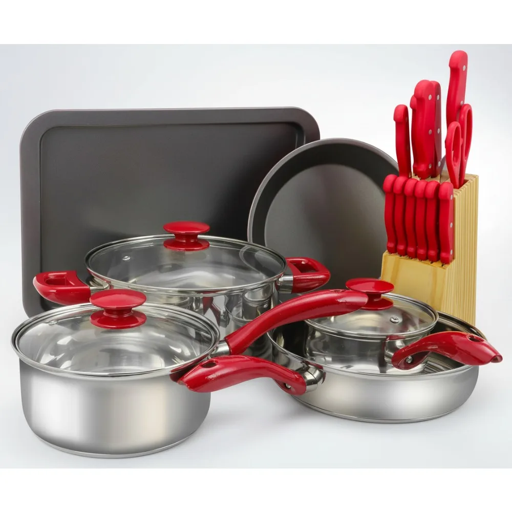 

22-Piece Non-Stick Cookware Set in Red, Stainless Steel with Glass Lids - Perfect for Family Cooking