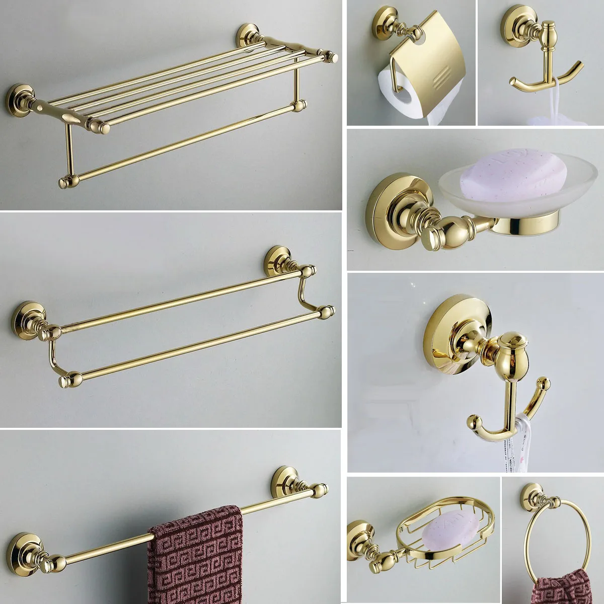 

Наборы аксессуаров для ванной комнаты из золотой латуни, полка для полотенец, держатель для полотенец, держатель для туалетной бумаги, держатель для мыла, крючок для халата, набор оборудования для ванной комнаты