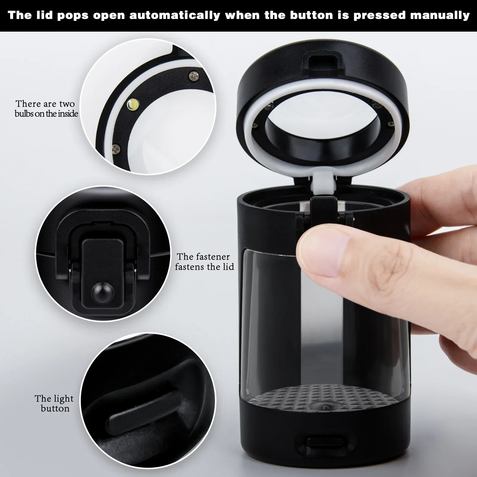 Jar with LED Light and Magnifying Glass Portable Cigarette Storage Jar Transparent Airtight Container with Spoon Black