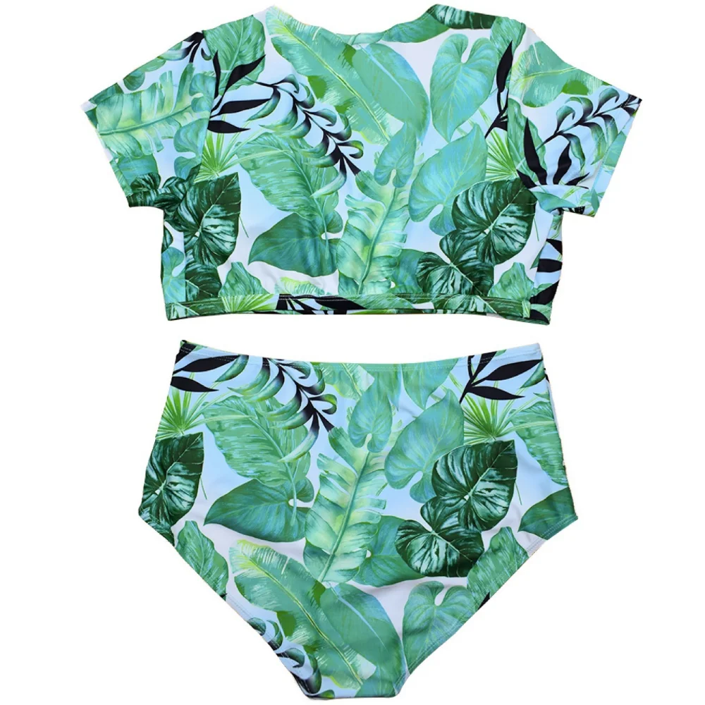 Maiô feminino estampado verde de três peças, biquíni sexy de cintura alta, roupa grande, conjunto de praia boêmia, moda plus size, 2023