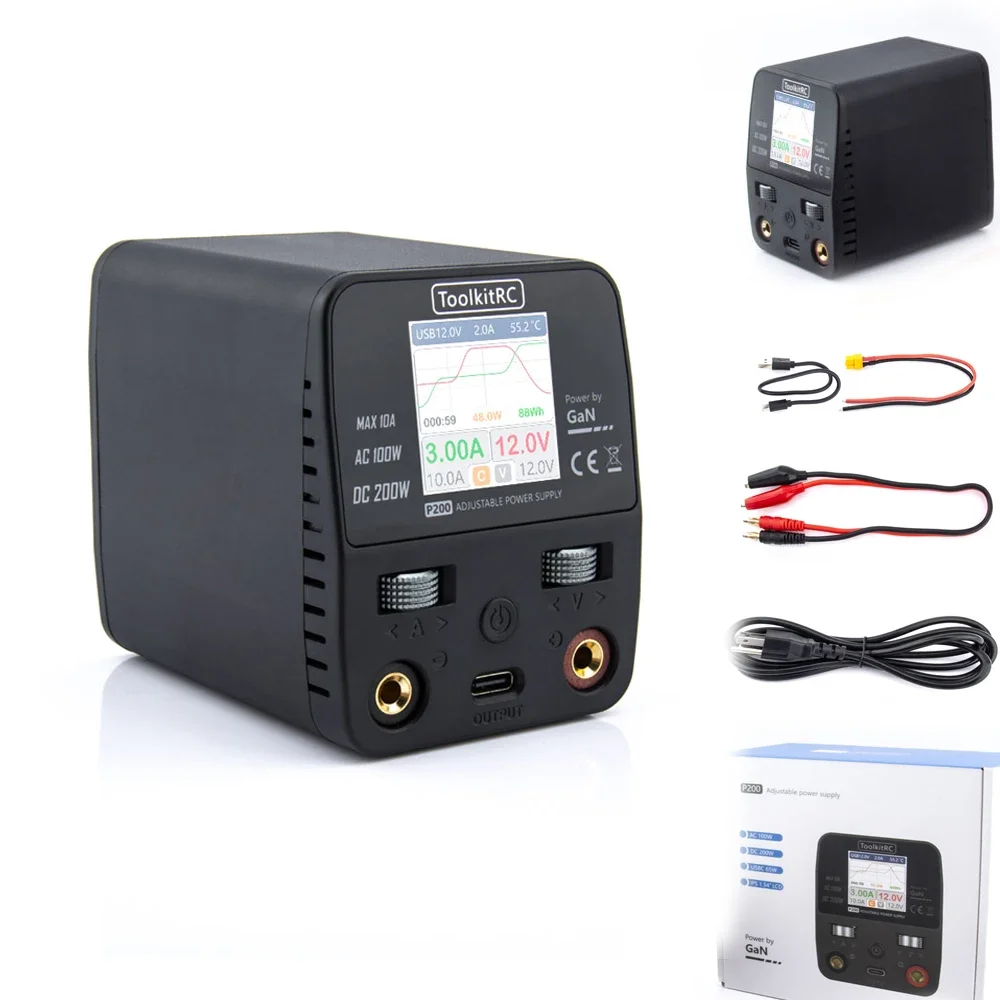 

ToolkitRC P200 Mini 30V AC100W DC200W 10A GaN Adjustable Desktop Power Supply USB Output