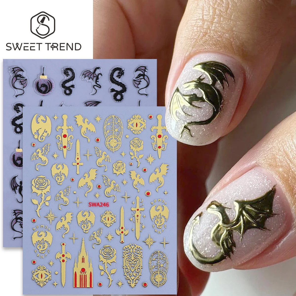 2pcs Bronzing Gothic Dragon Nail Decal 3D Dark Fantasy Sword Castle Star Magic Pattern Sticker DIY Charm Halloween Manicure Tips