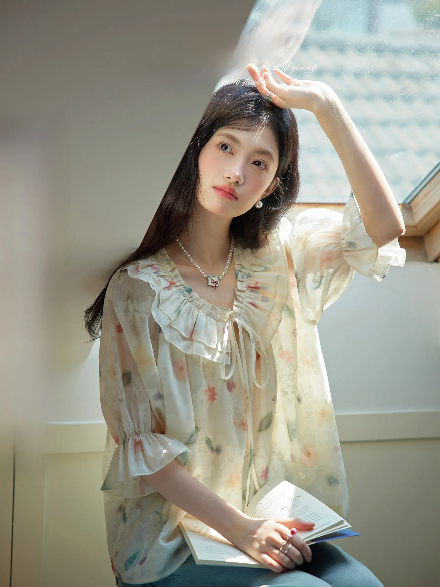 

ORWhite Винтажная женская блузка с цветочным принтом, летняя, тонкая, с защитой от солнца, рукава 3/4, с поясом, свободного кроя, с круглым вырезом