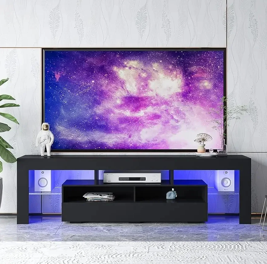 LED TV Stand Entertainment Center for 75 Inch TV, Modern High Glossy Media Furniture Cabinet with 2 Drawers and 2 Open Shelves