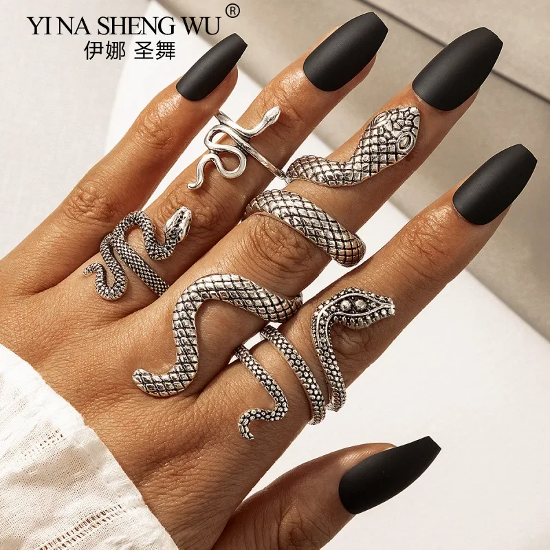 Vintage Long Snake Ring Set for Women Gothic Black Gold Silver Color Adjustable Finger Ring Jewelry Accessories Cool Female Gift