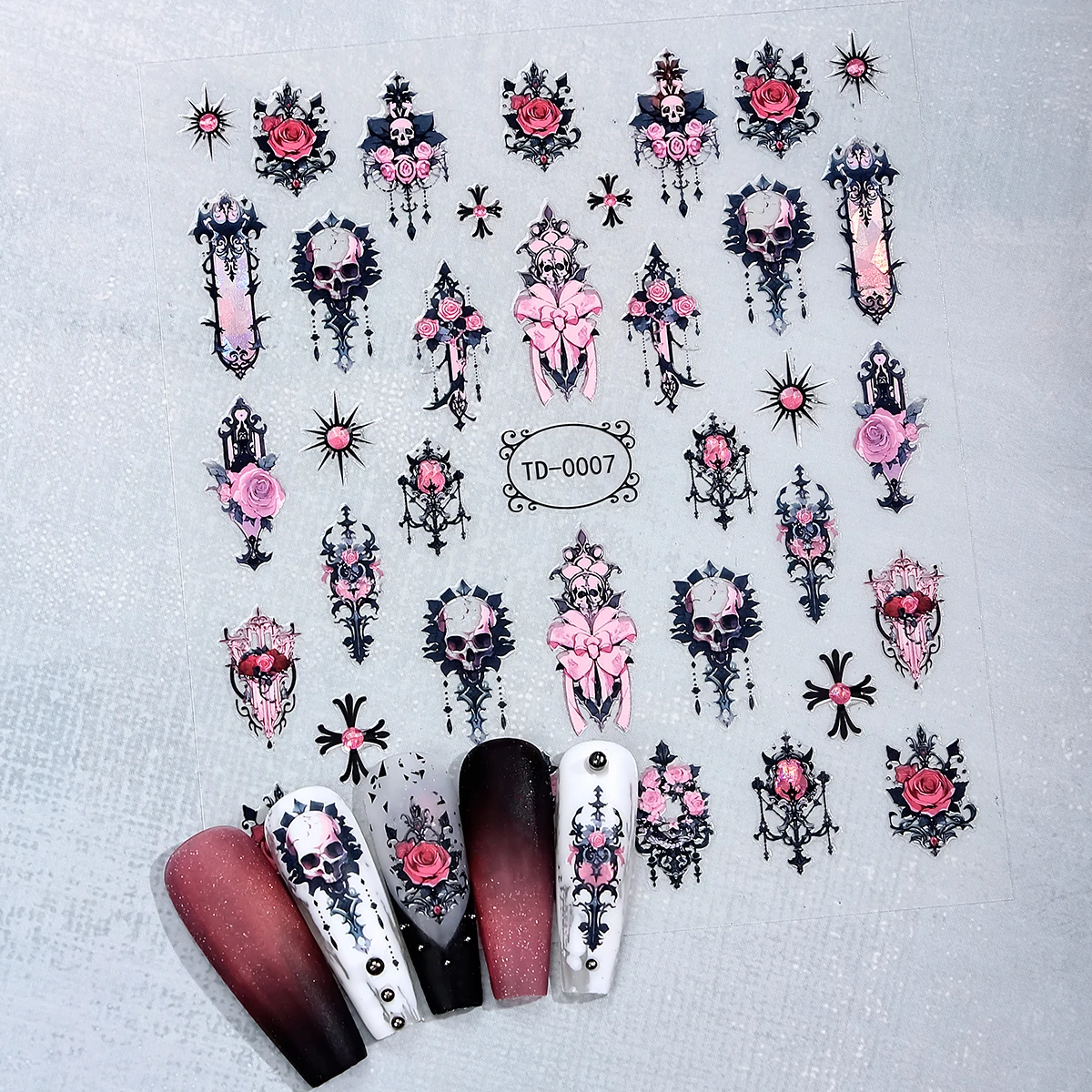 2szt Black Pink Gothic Halloween Nail Art Stickers 3D Skull Rose Flowers Adhesive Nail Decals for Nail Decor Manicure Sliders