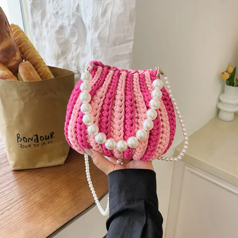 Women's Handmade Crochet Knit Pumpkin Bag Pearl Chain Striped Woven Drawstring Mini Crossbody Purse Cute Casual Shoulder Bags
