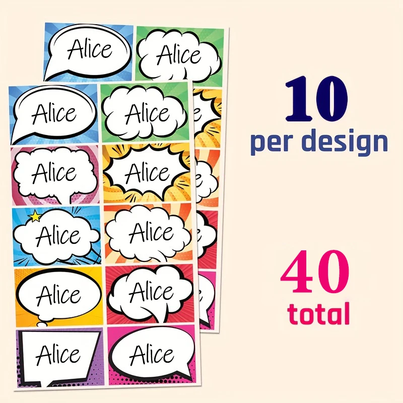 40 قطعة من ملصقات الأسماء المخصصة، ملصقات على الطراز الهزلي، خياران للخط، علامات متينة مقاومة للماء لزجاجات الكتب واللوازم المدرسية #6