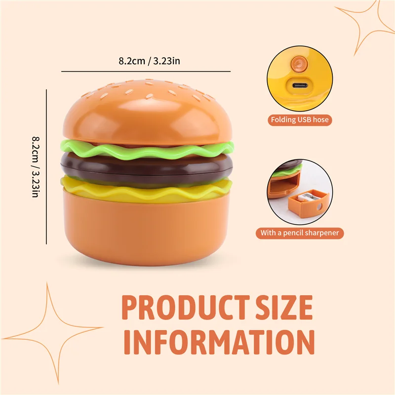 AK25-مصباح مكتبي لطيف للأطفال، مصباح مكتبي صغير همبرغر قابل لإعادة الشحن مع مفتاح لمس للرقبة قابل للتعديل مع مبراة قلم رصاص #6