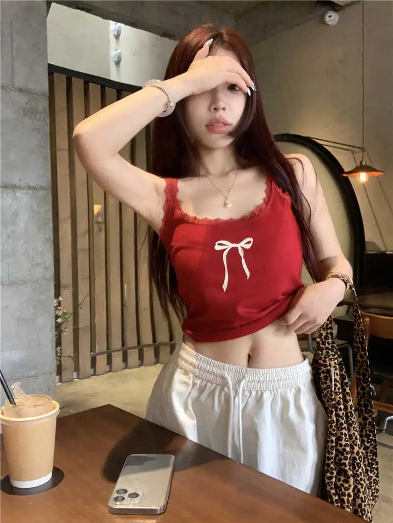 Y2K Goth Kwaii K-fashion Bow Stampa Canotta Donna Sexy Rosso Canotta corta Slim Vintage Tees Maglietta Kpop Canotte Donna Abbigliamento
