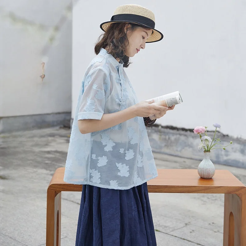 

Мягкая, легкая, оригинальная хлопковая блузка с кружевной вышивкой, воротником-стойкой, в стиле «орт сев», женственная, для повседневной носки, с дизайном «флурнот».