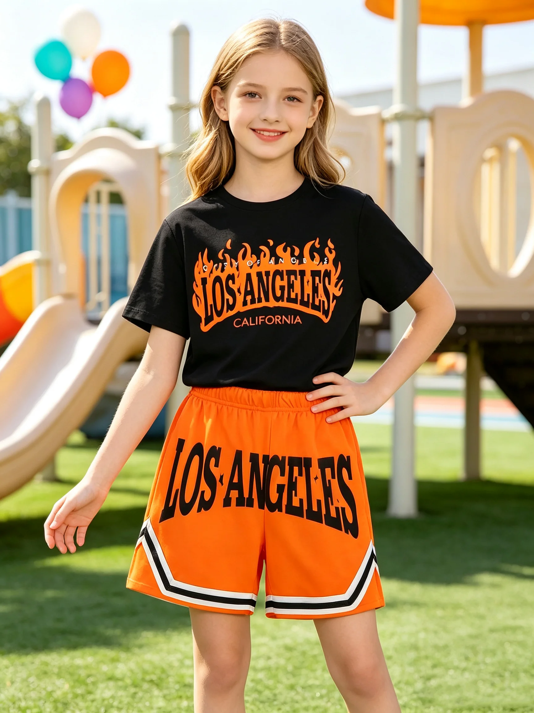 Kids' Casual Clothing Set with Flame Los Angeles Letter Graphic Short-Sleeved T-Shirt And Elastic Waist Shorts for Children