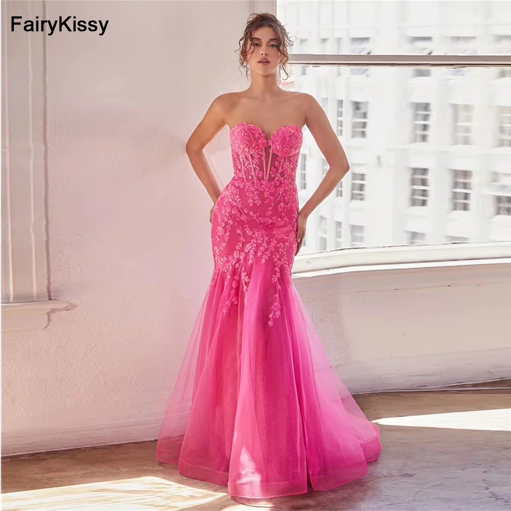 

FairyKissy Tulle Sweetheart Mermaid Evening Dresses Sheer Corset Sleeveless Formal Party Long Backless Lace Appliques Prom Gowns
