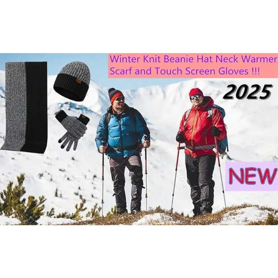 Conjunto de cachecol e luvas de inverno masculino, gorro de malha, cachecol mais quente e luva com tela sensível ao toque, 3 peças para homens, ideal para atividades ao ar livre