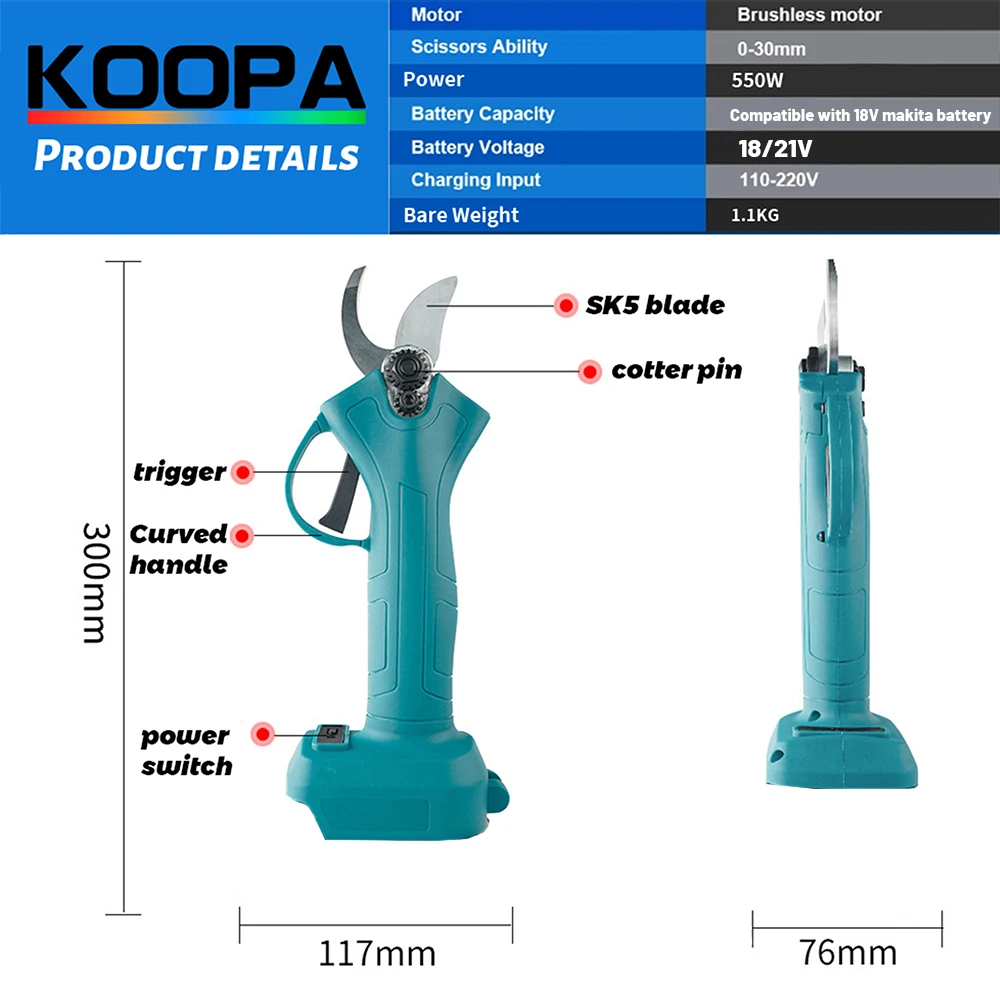 Koopa Tool 30mm Brushless Electric Pruners and Mini 6-Inch Brushless Chainsaw for Makita 18V Battery Tree Trimming Branch Cutter