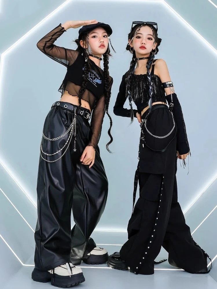 2024 Hip Hop Dance Costumes For Girls Black Crop Tops Cargo Pants Streetwear Children Modern Jazz Dance Stage Clothes DQS17349