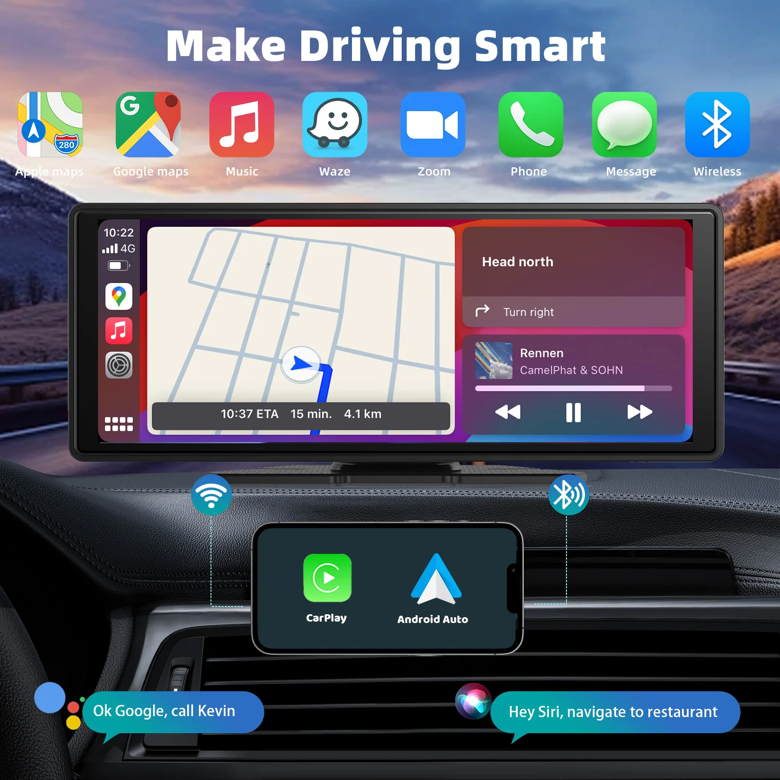 Uniwersalny przenośny Carplay do ekranu samochodowego, bezprzewodowy ekran Carplay Bezprzewodowe stereo samochodowe z Carplay Android Auto, ekran dotykowy samochodu