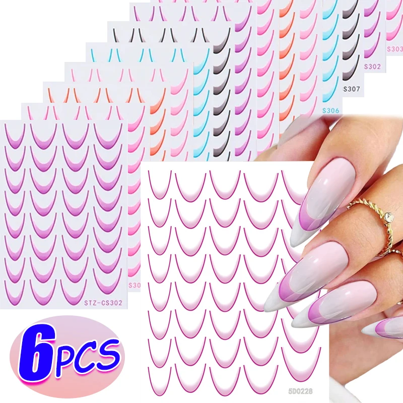 6pcs Ins Gradient Color Line Design Nail Stickers French Nail Art Stickers Set Samoprzylepne fioletowe różowe niebieskie narzędzia do manicure 3D