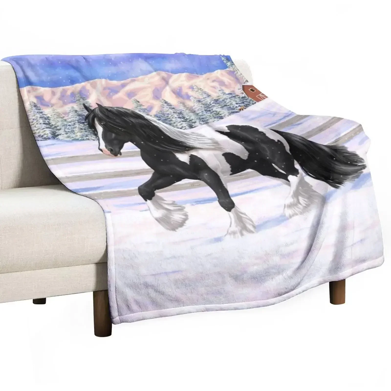 Black Pinto Piebald Gypsy Vanner Draft Horse In Snow Throw Blanket for babies Personalized Gift Picnic Blankets