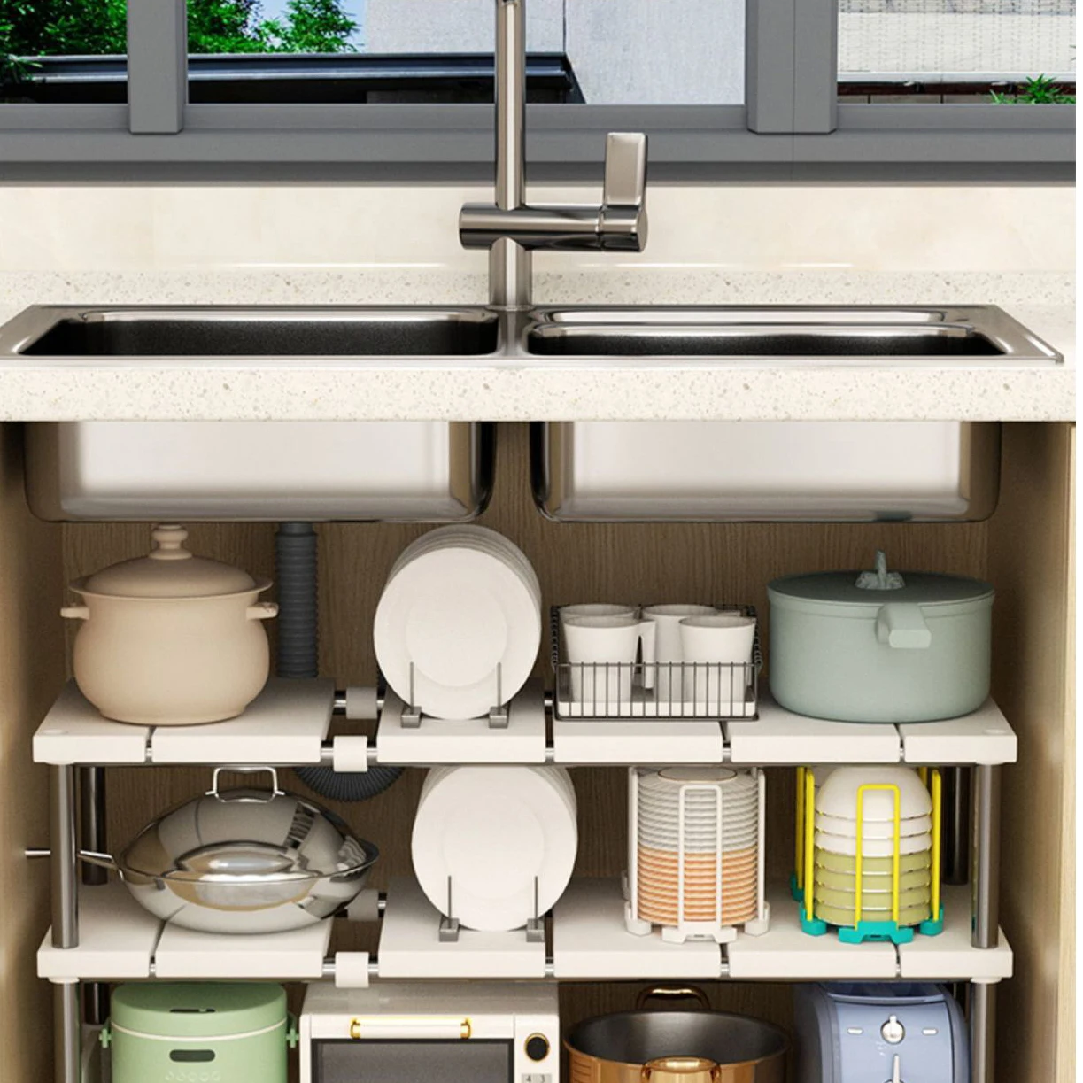 Adjustable Storage Rack Under Sink Organiser for Dishes Pot Plate Extendable Cabinet Under Sink Storage Shelve Kitchen Bathroom