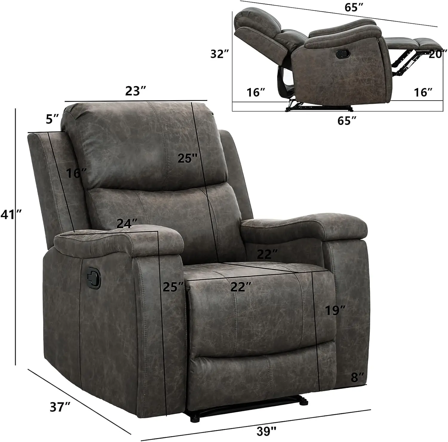 Leather Recliner Chair, Classic and Traditional Manual Recliner Chair with Overstuffed Arms and Back, Manual Single Sofa