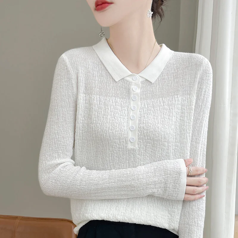 Women\'s sweater autumn/winter 100% pure wool pullover casual solid knitted Tops Japanese/Korean loose POLO collar basic Blouse