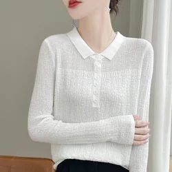 Women's sweater autumn/winter 100% pure wool pullover casual solid knitted Tops Japanese/Korean loose POLO collar basic Blouse