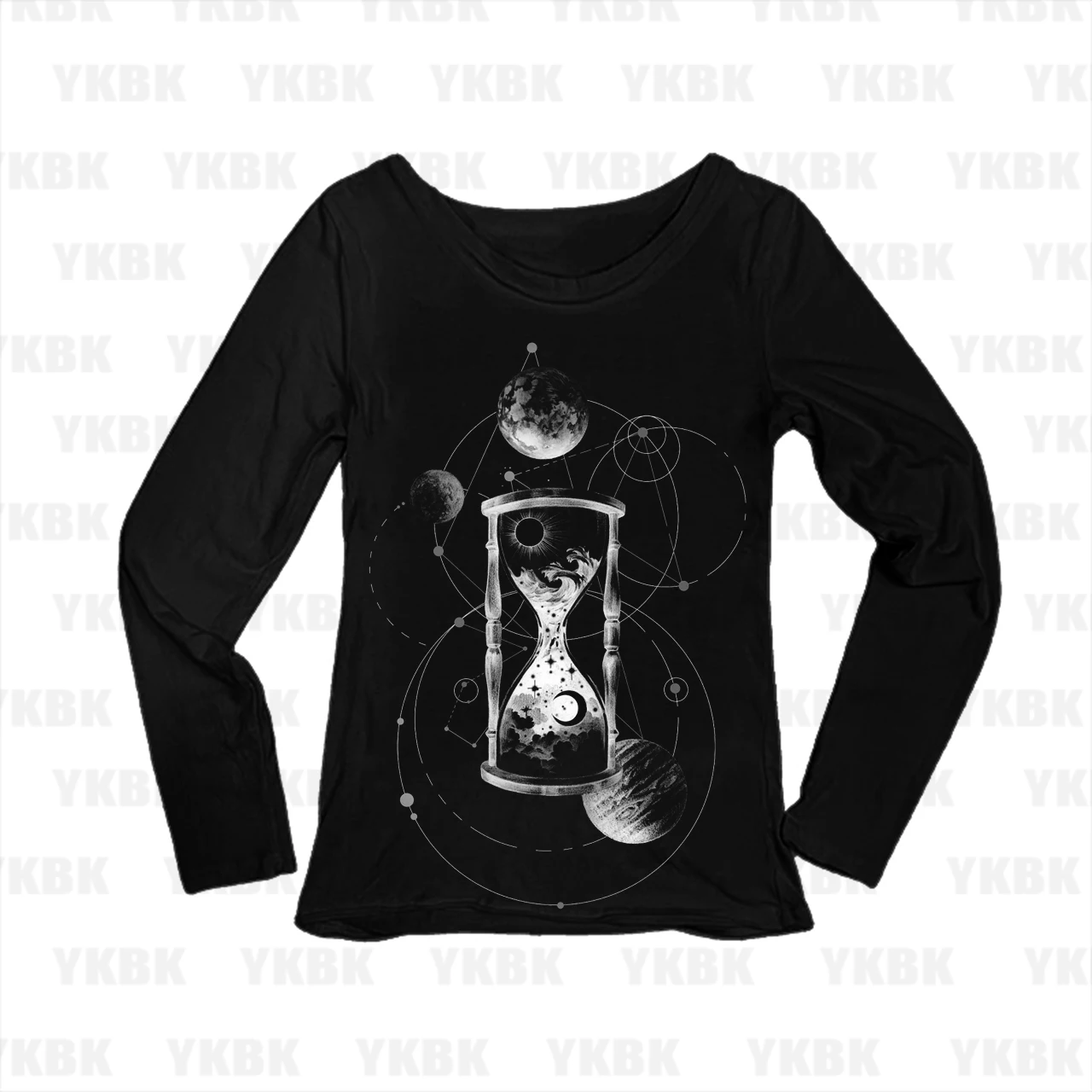 Celestial Universe Hourglass Women Long Sleeve Tee Y2K Dark Aesthetic Slim Black White Planet Art Street T-shirt