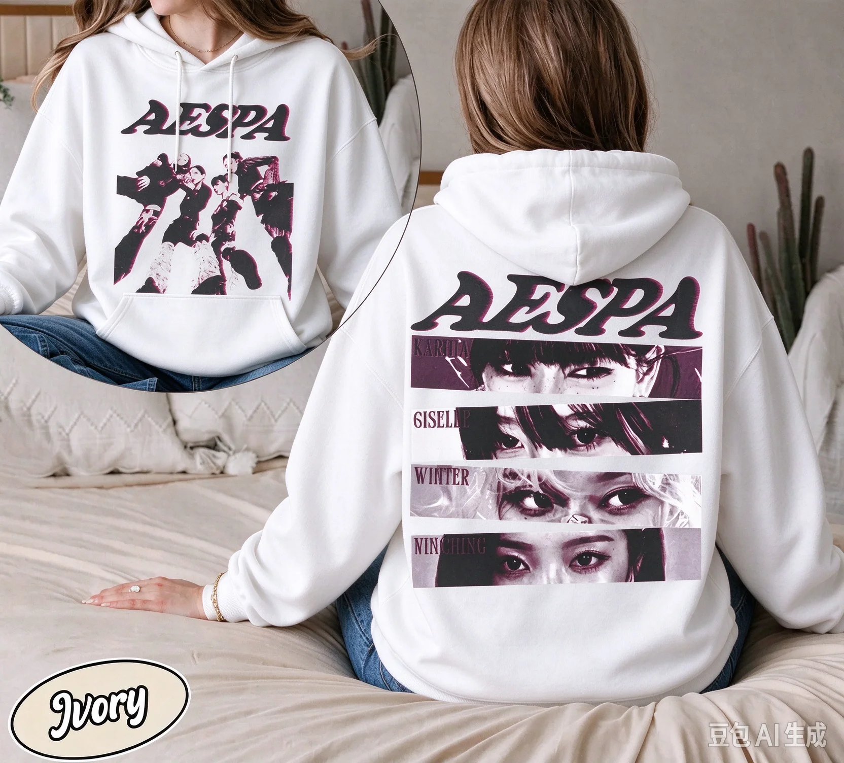 Aespa Kpop Karina Giselle Winter Ningning Portrait Pattern Hooded Sweatshirt Suitable for Men and Women Fan Merch